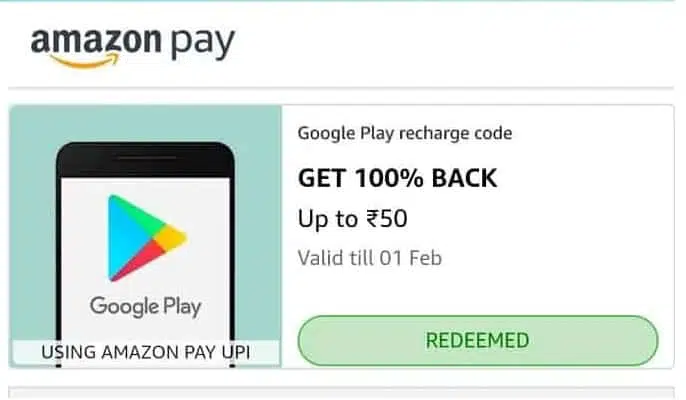 Amazon Pay Free Redeem Code offer